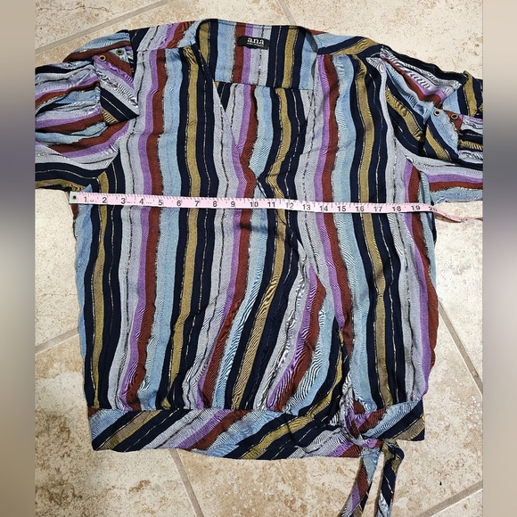A.N.A. Blouse L Striped Wrap Tie Hem Long Sleeve Gold Thread V-Neck Boho Chic - Picture 6 of 7